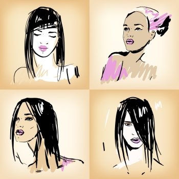 Set of sketch Beautiful girls. Hand drawn vector illustration.
