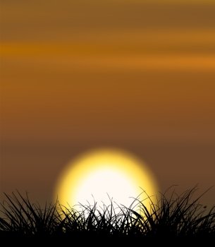 Background illustrating sunset with the grass shape in the front