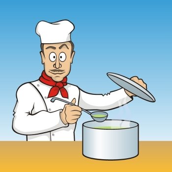 Cartoon chef with scoop testing the soup