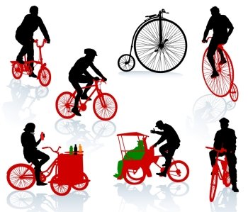 Silhouettes of people on bicycles. Modern and historic bikes