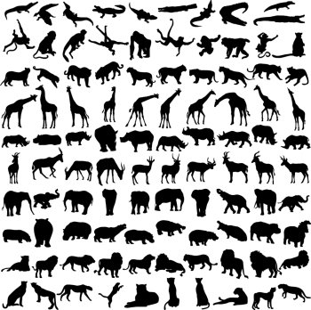 Hundred silhouettes of wild animals from Africa