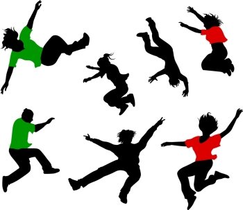 Silhouettes of seven jumping and fallen people