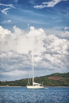 white yacht at anchor, Andaman Sea, Thailand