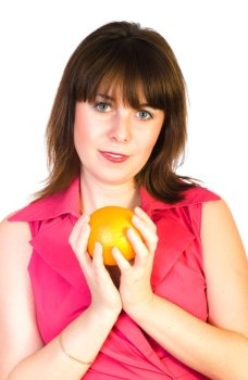 beautiful girl with orange in hands isolated on white