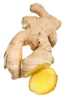 section of fresh ginger root isolated on white background