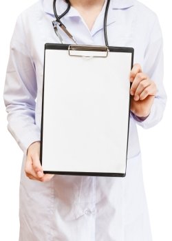 Nurse holds clipboard with blank paper isolated on white background