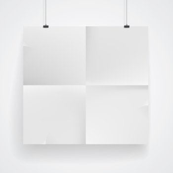 Blank paper poster on white wall. Place your design and apply Transparency with Multiply blending mode to it. Vector eps-10.