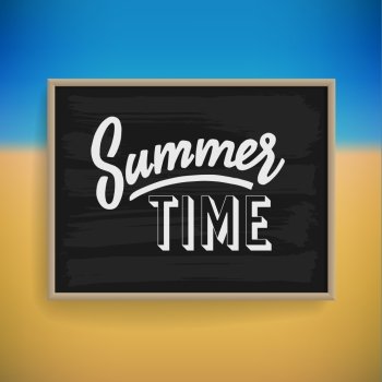 Summer holiday chalkboard design on tropical beach background. Vector eps10.