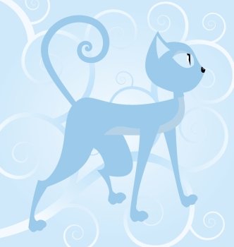 Vector illustration of a blue cat on spiral background


