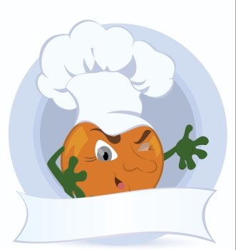 Orange cartoon character with promo ribbon vector illustration

