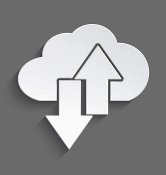 Vector illustration of white 3d cloud with up and down arrows with realistic shadow
