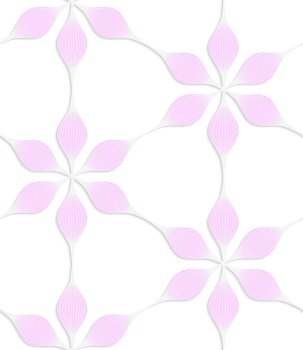 Abstract seamless background with 3D cut out of paper effect. Pattern with realistic shadow. Modern texture. Stylish backdrop.White colored paper floral pink six pedal flowers.