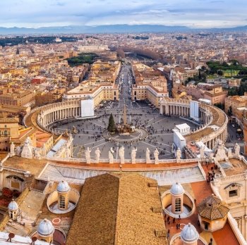 Rome, Italy. Famous Saint Peter’s Square in Vatican and aerial view of the city.