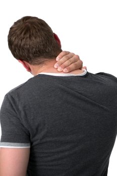 Young man holding his neck in pain