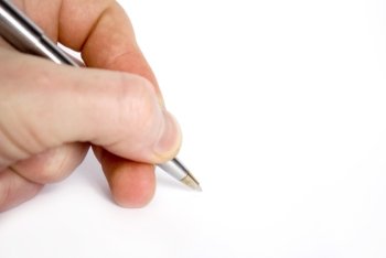 Hand holding pen isolated on white background