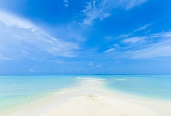  tropical beach in Maldives with few palm trees and blue lagoon