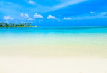 tropical beach in Maldives with few palm trees and blue lagoon

