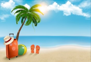 Vacation background. Beach with palm tree, suitcase and flip flops. Vector.