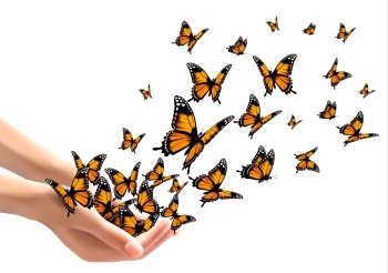Hands releasing butterflies. Vector illustration