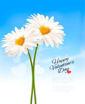 Two daisies with heart shaped middles. Valentine’s Day background. Vector.