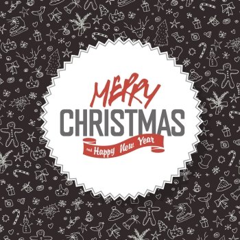 Merry Christmas Greeting Card. White label with lettering on hand drawn Christmas background.