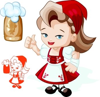 Cute  young woman in red dirndl is showing thumbs-up sign. Mug of beer can be placed on hand. Silhouette with mug added. 