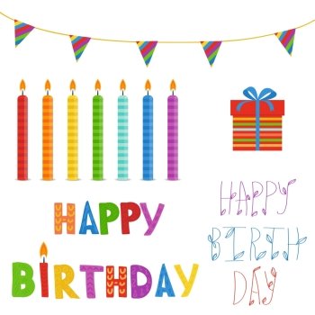 Birthday elements set  in bright colors. Candles, present box,flags and  text Happy Birthday. Good for scrapbooking or greeting card design
