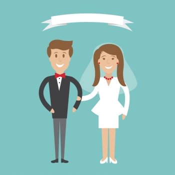 Cute cartoon wedding couple. Vector illustration. Cute cartoon wedding couple holding hand on blue background. Wedding card modern design