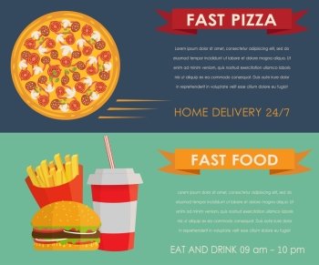 Two Fast food  banners in  flat style, horizontal templates design. One banner with french fies,  burger and soda water. One banner with pizza.