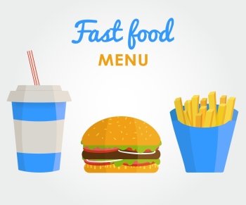Fast food menu banner in  flat style, horizontal templates design. Banner with french fies,  burger and soda water.