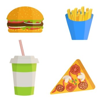 Fast food icons set in  flat style, vector design. Flat illustration of french fies,  burger, pizza and soda water.