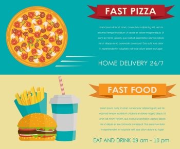 Fast food menu banner in  flat style, horizontal templates design. Banner with french fies,  burger, pizza and soda water.
