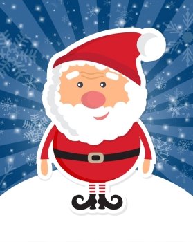 Cute Santa Claus on white  christmas background with lights and snowflakes. Christmas card, poster, web design