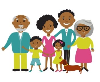Happy African American family of six members: parents,their son and daughter, and grandparents with their dog. Vector illustration