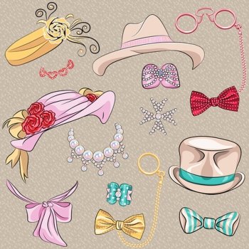 set hipster millinery, scarves, bows, jewelry, glasses