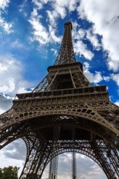 Bottom view on Eiffel tower (La Tour Eiffel) in Paris, France