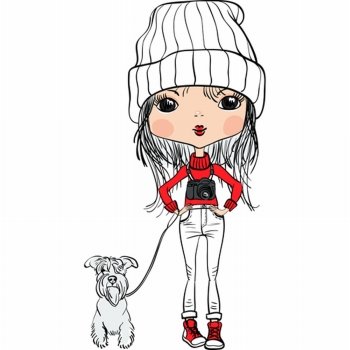 Cute hipster fashion Travelling girl in a hat with a dog and a camera 
