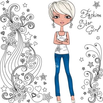 Cute beautiful fashionable hipster girl black and pattern of doodles and stars. Vector fashion hipster girl and star 