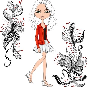 Vector fashion hipster girl. Cute beautiful fashionable hipster girl in a red jacket and white skirt and pattern of doodles and flowers