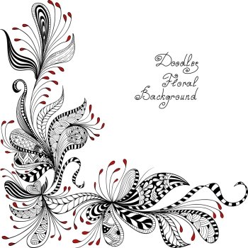 vector black, red and white floral pattern of spirals, swirls, doodles