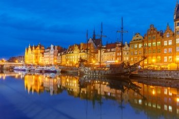 Old Town of Gdansk, Dlugie Pobrzeze and Motlawa River at night, Poland