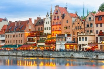Old Town of Gdansk, Dlugie Pobrzeze and Motlawa River at evening, Poland