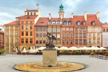 Statue of Syrenka, Mermaid of Warsaw, symbol of the city of Warsaw, at the Old Town Market Square, Poland
