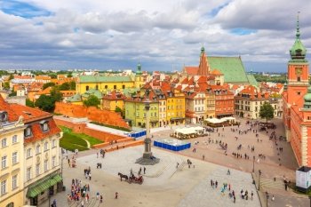 Aerial view of the Royal Castle and Sigismund Column at Castle Square in Warsaw Old town, Poland.