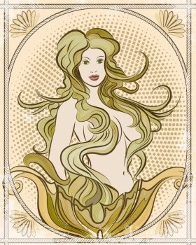 Illustration with young pretty mermaid against half-tone background decorated by ropes frame drawn in vintage style.