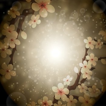 Abstract illustration with blossoming sakura on dark background drawn in vintage style with use wave pattern