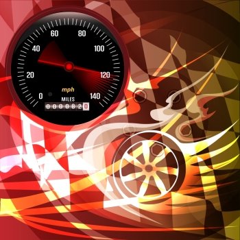 Illustration with speedometer and bouncing arrow against abstract background with wheels and flame tips drawn in vintage placard style