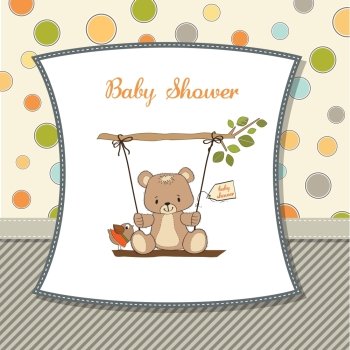 baby shower card with teddy bear in a swing
