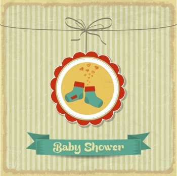 retro baby shower card with little socks, vector illustration