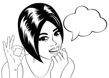pop art cute retro woman in comics style in black and white  , vector illustration